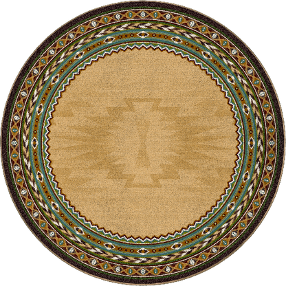 Round rug with geometric pattern on a beige background