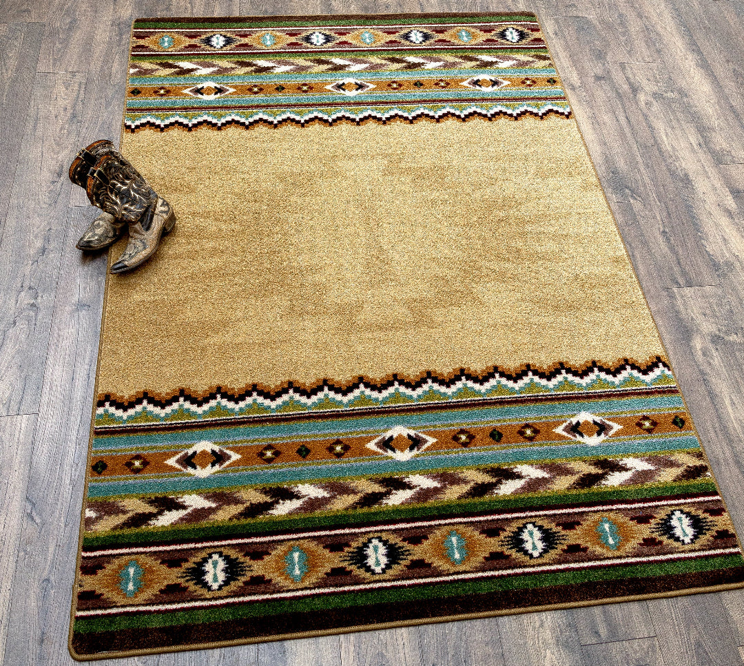 Beige area rug with tribal pattern on a wooden floor, featuring a cowboy boot.