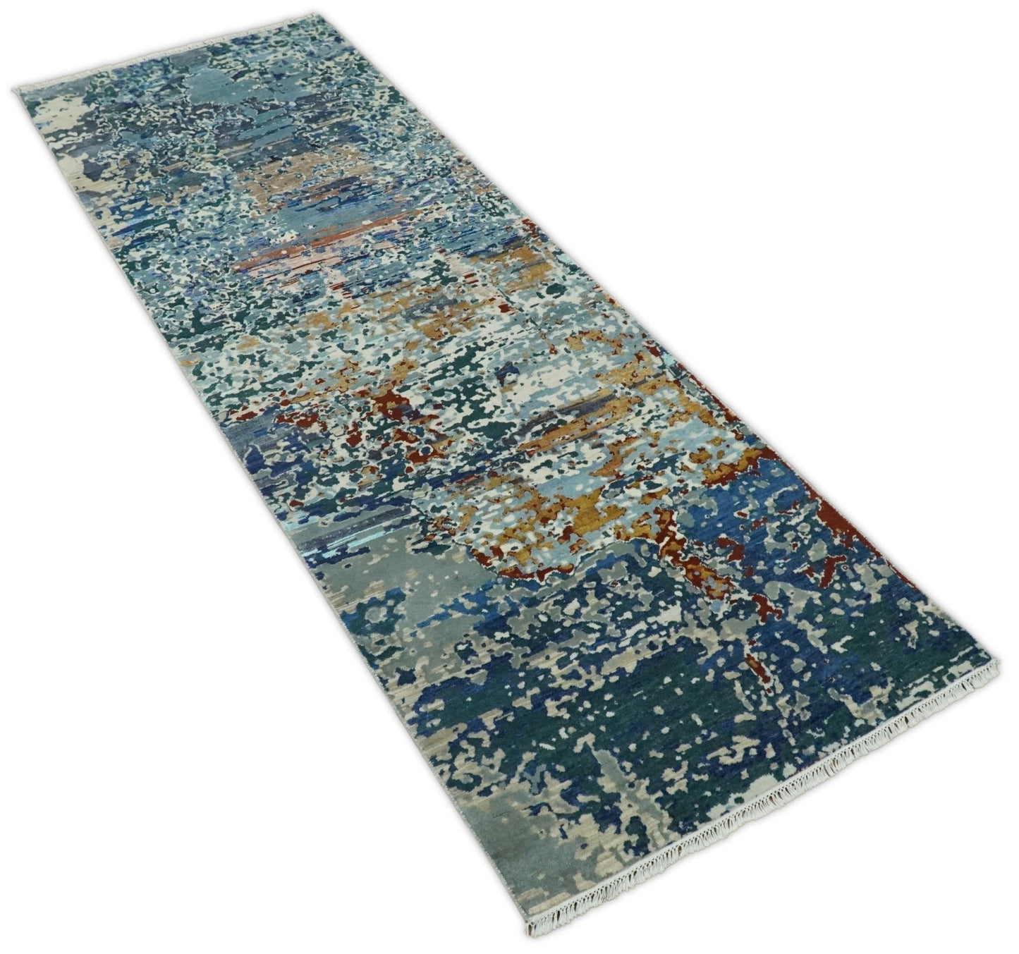 2.6x10 Fine Hand Knotted Blue Modern Abstract Wool and Silk Runner Area Rug