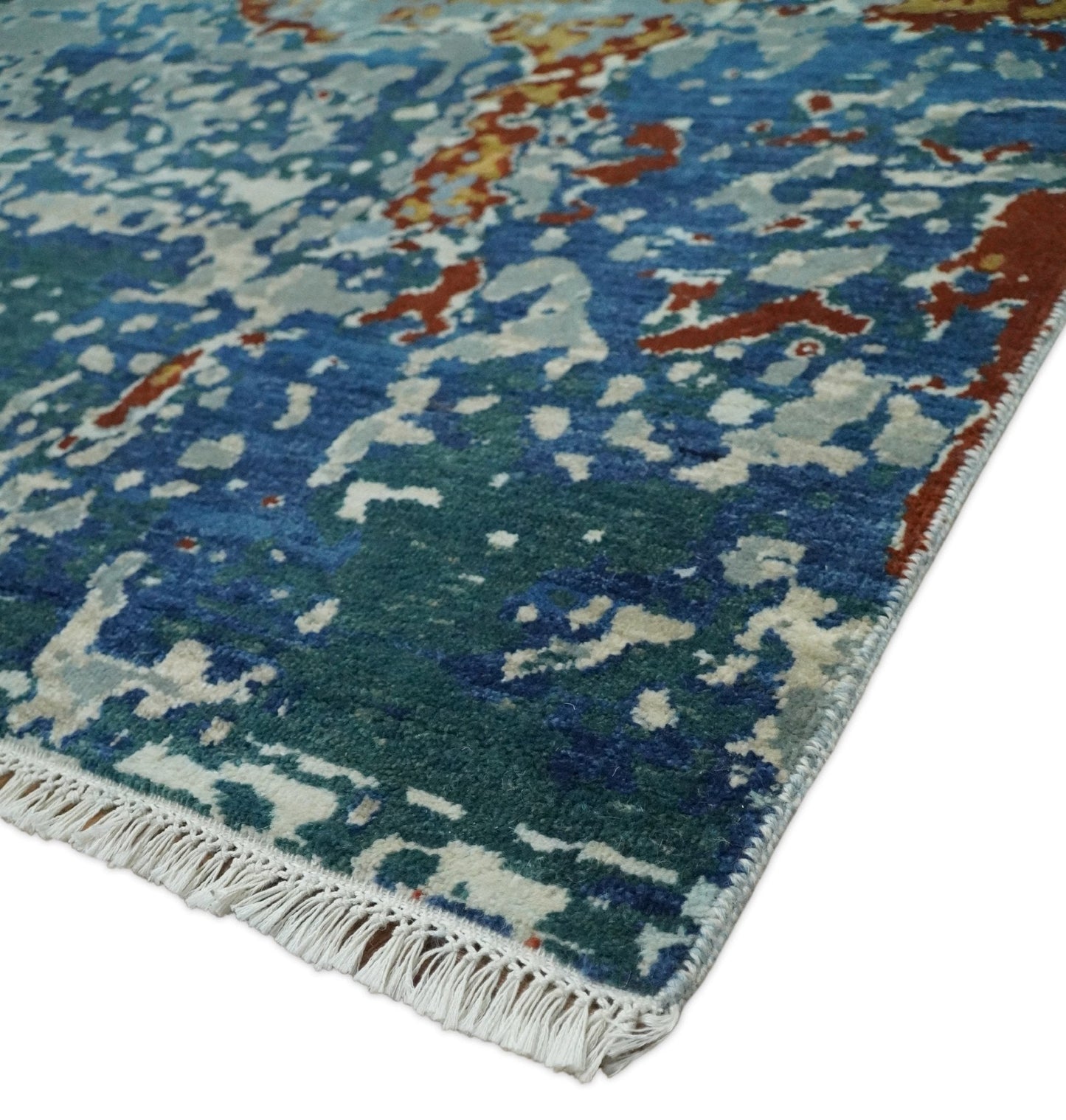 2.6x10 Fine Hand Knotted Blue Modern Abstract Wool and Silk Runner Area Rug