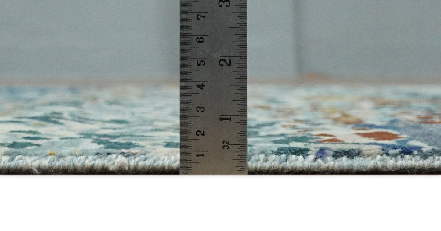 2.6x10 Fine Hand Knotted Blue Modern Abstract Wool and Silk Runner Area Rug