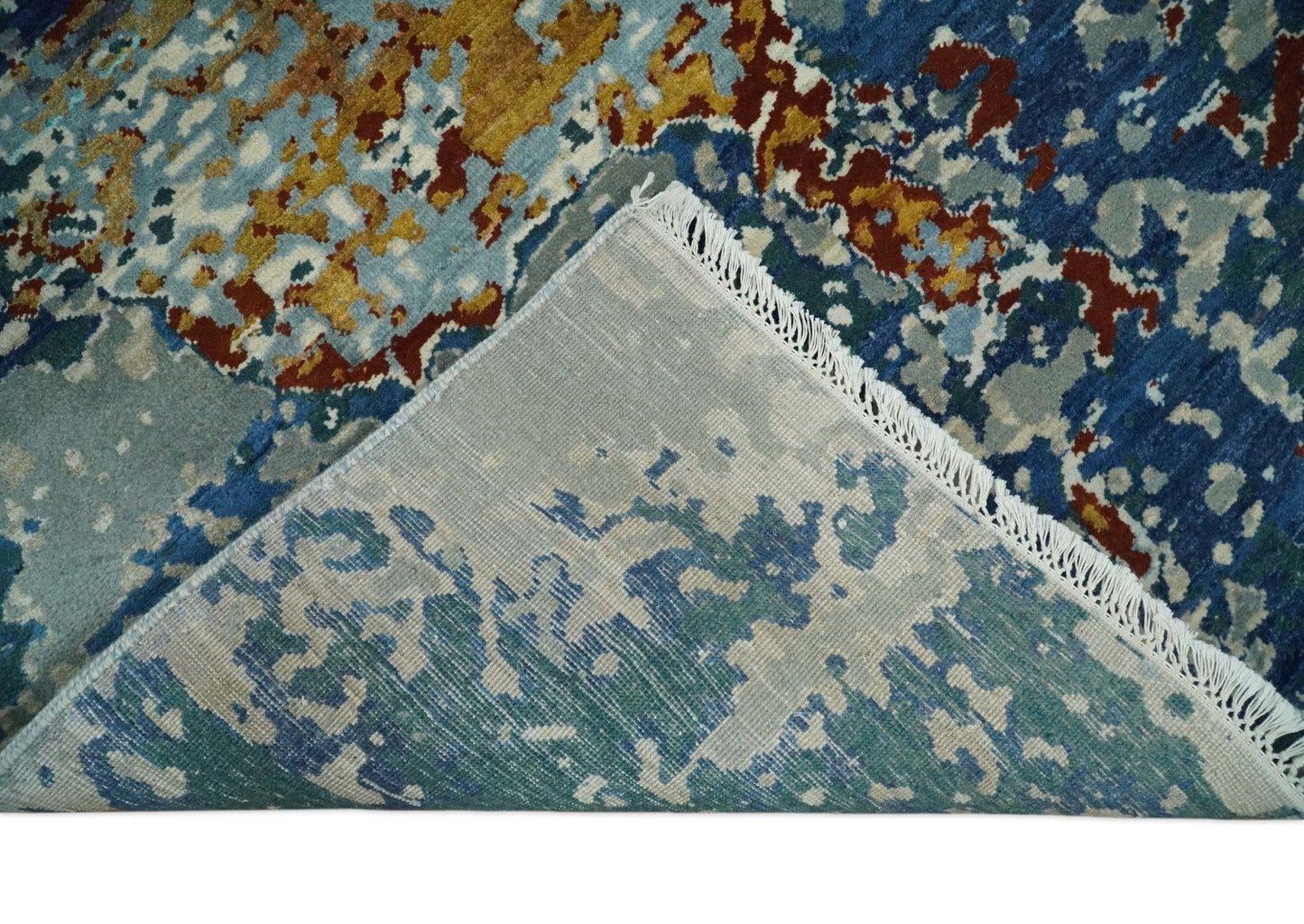 2.6x10 Fine Hand Knotted Blue Modern Abstract Wool and Silk Runner Area Rug