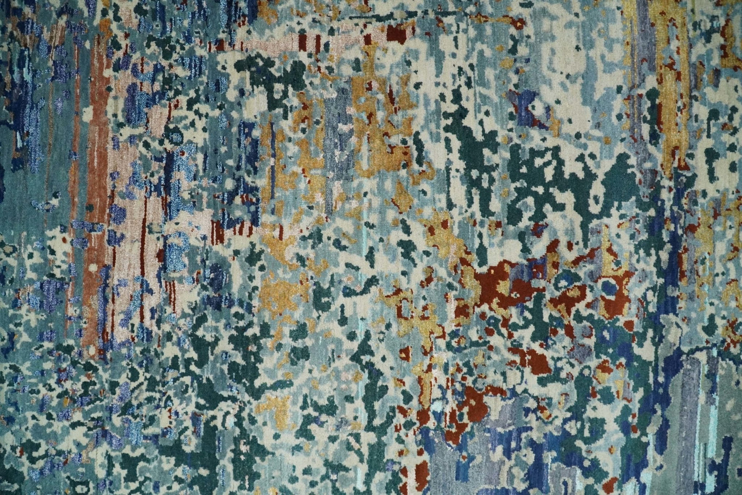 2.6x10 Fine Hand Knotted Blue Modern Abstract Wool and Silk Runner Area Rug