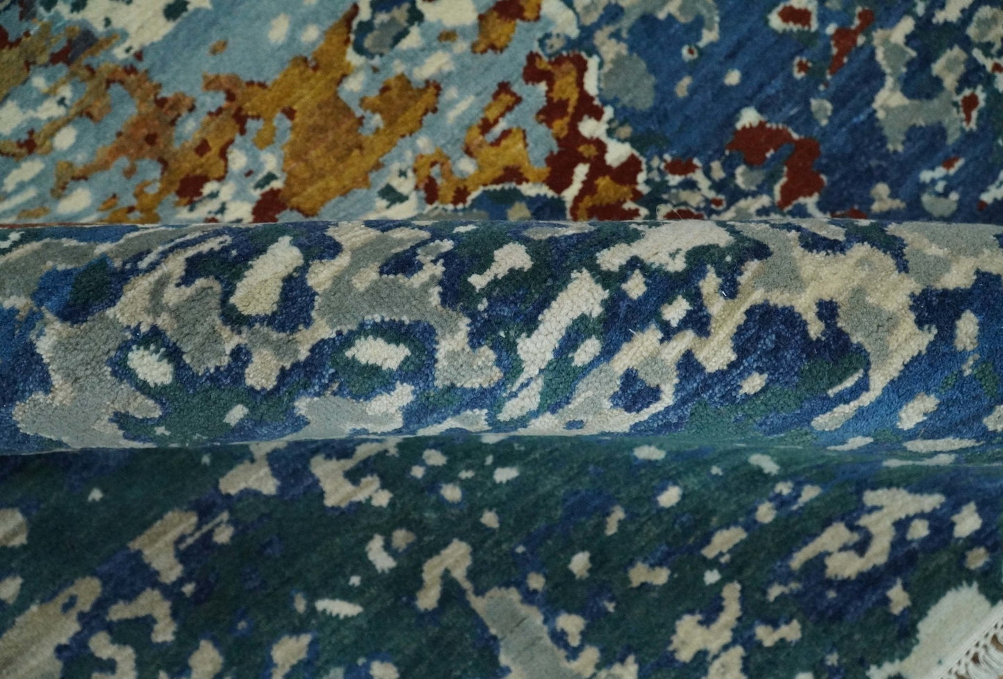 2.6x10 Fine Hand Knotted Blue Modern Abstract Wool and Silk Runner Area Rug