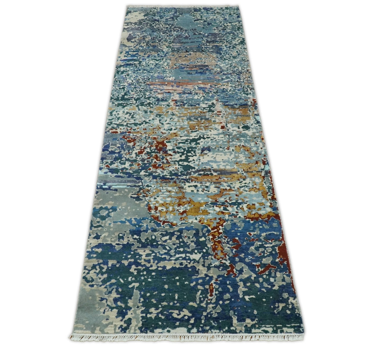 2.6x10 Fine Hand Knotted Blue Modern Abstract Wool and Silk Runner Area Rug