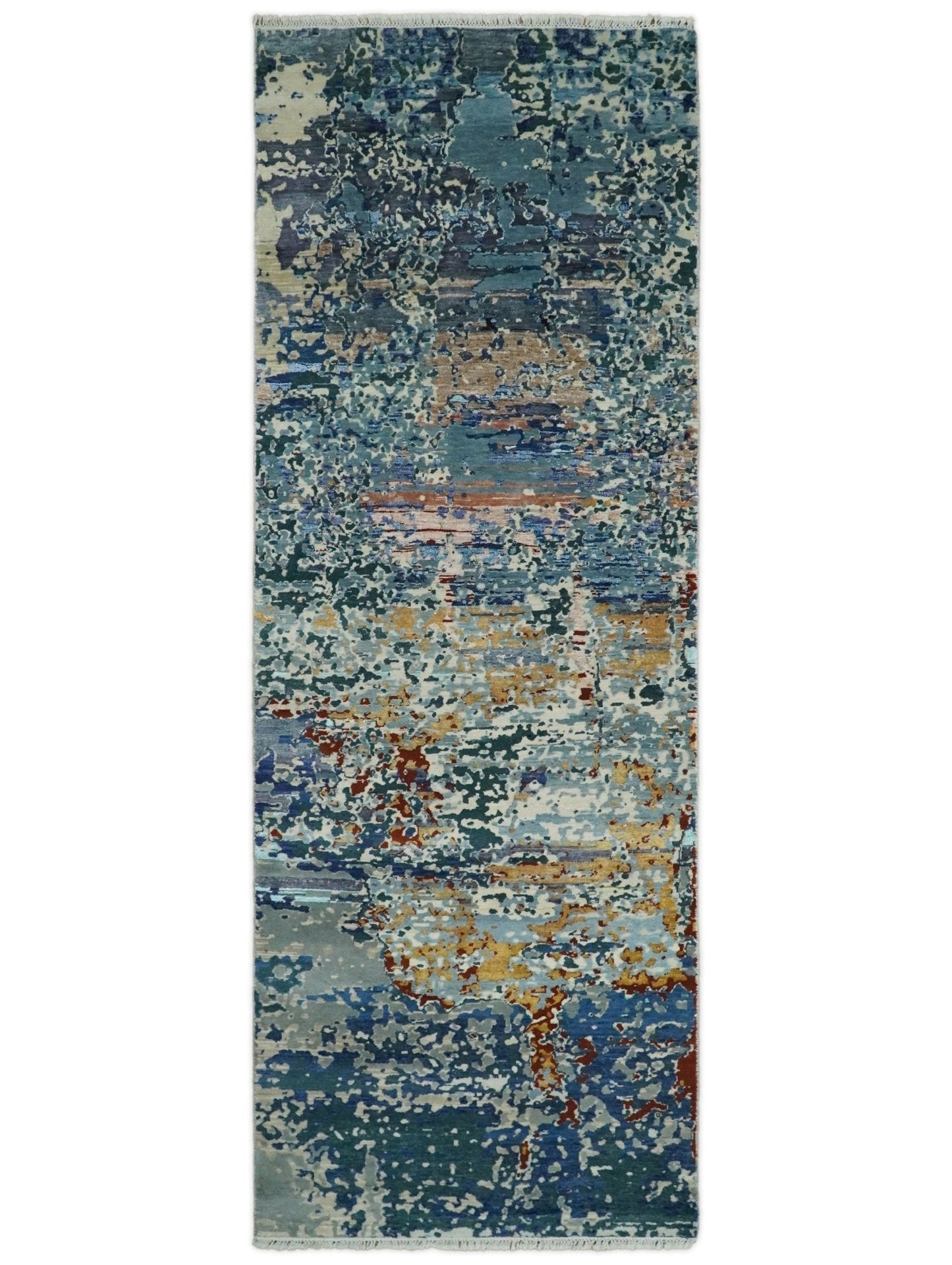2.6x10 Fine Hand Knotted Blue Modern Abstract Wool and Silk Runner Area Rug