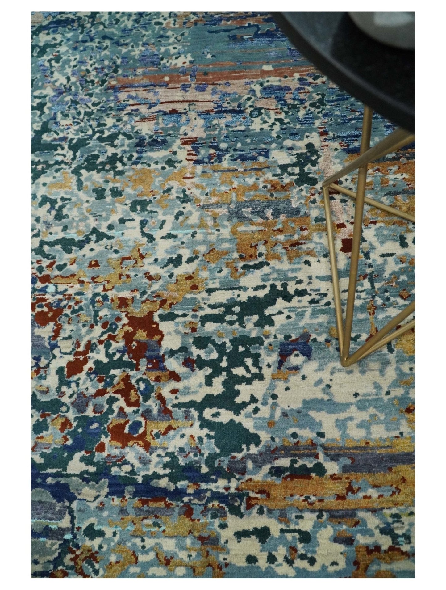 2.6x10 Fine Hand Knotted Blue Modern Abstract Wool and Silk Runner Area Rug