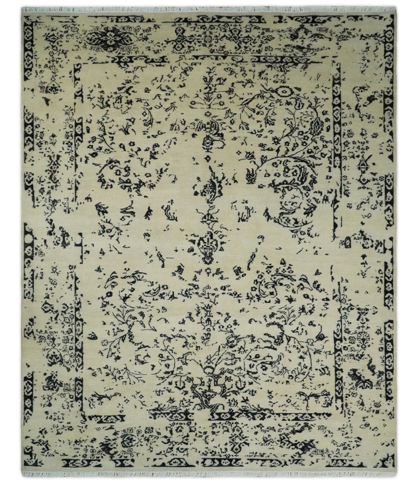 8x10 Fine Hand Knotted Beige and Black Traditional Vintage Persian Antique Wool Rug