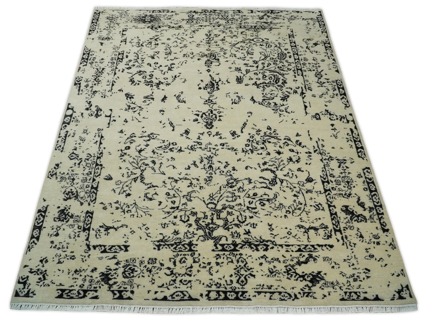 8x10 Fine Hand Knotted Beige and Black Traditional Vintage Persian Antique Wool Rug