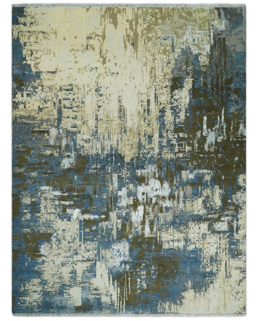 9x12 Fine Hand Knotted Beige and Blue Modern Abstract Style Antique Wool and Silk Area Rug
