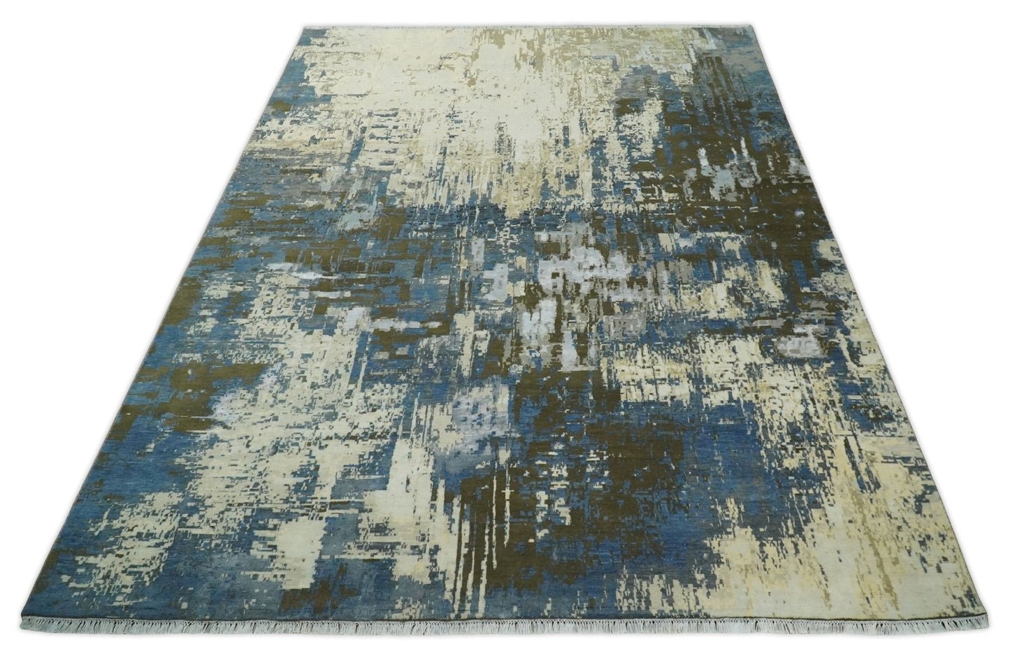 9x12 Fine Hand Knotted Beige and Blue Modern Abstract Style Antique Wool and Silk Area Rug