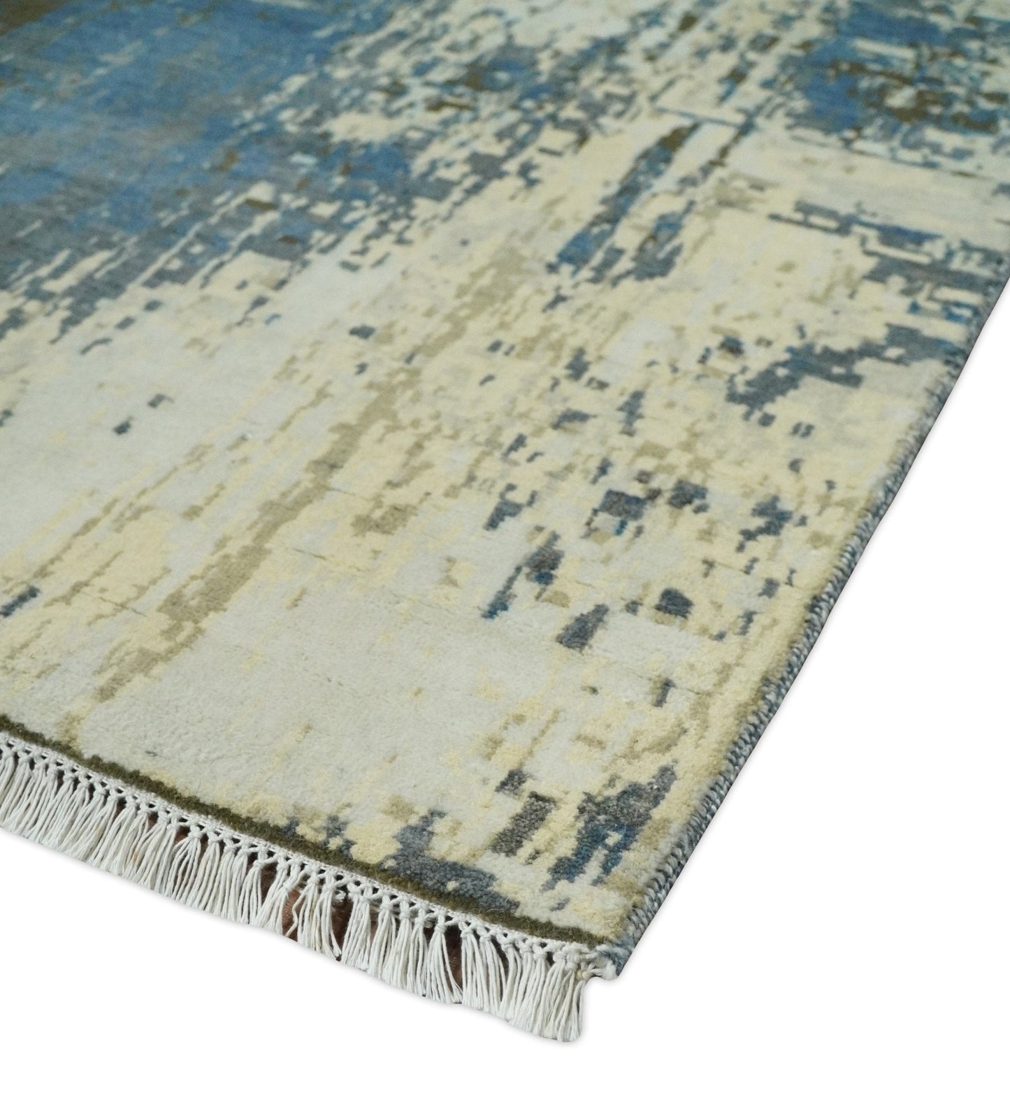 9x12 Fine Hand Knotted Beige and Blue Modern Abstract Style Antique Wool and Silk Area Rug