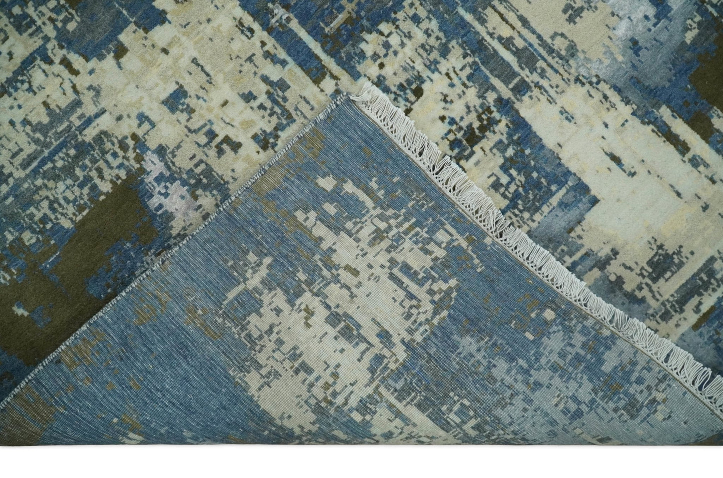 9x12 Fine Hand Knotted Beige and Blue Modern Abstract Style Antique Wool and Silk Area Rug