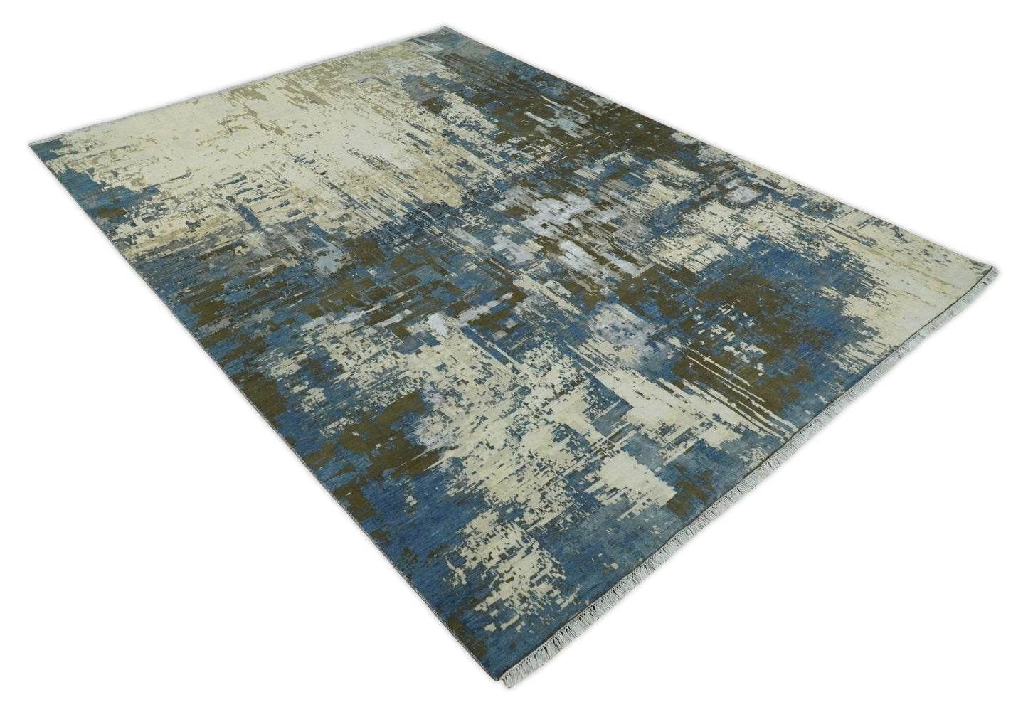 9x12 Fine Hand Knotted Beige and Blue Modern Abstract Style Antique Wool and Silk Area Rug