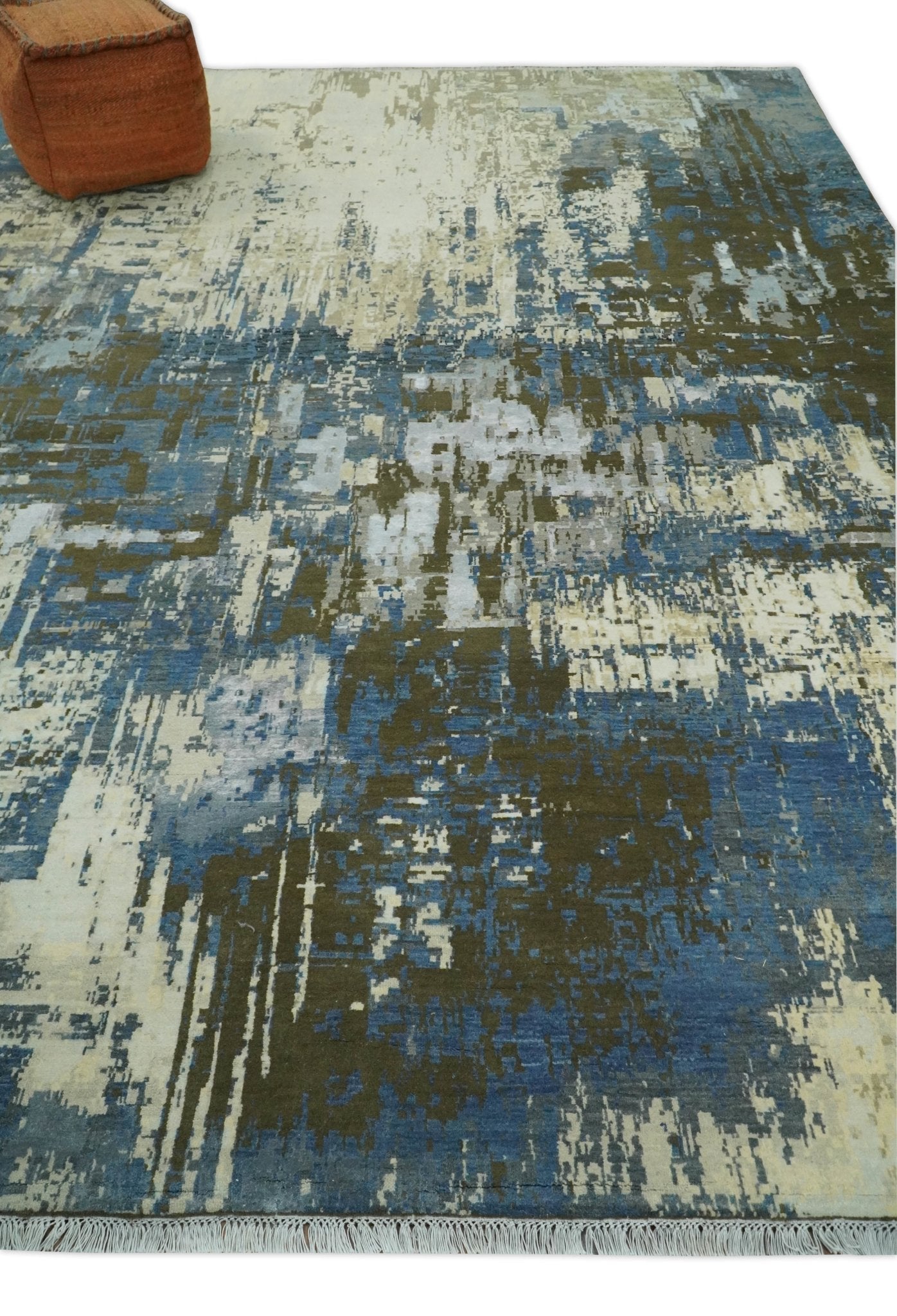 9x12 Fine Hand Knotted Beige and Blue Modern Abstract Style Antique Wool and Silk Area Rug