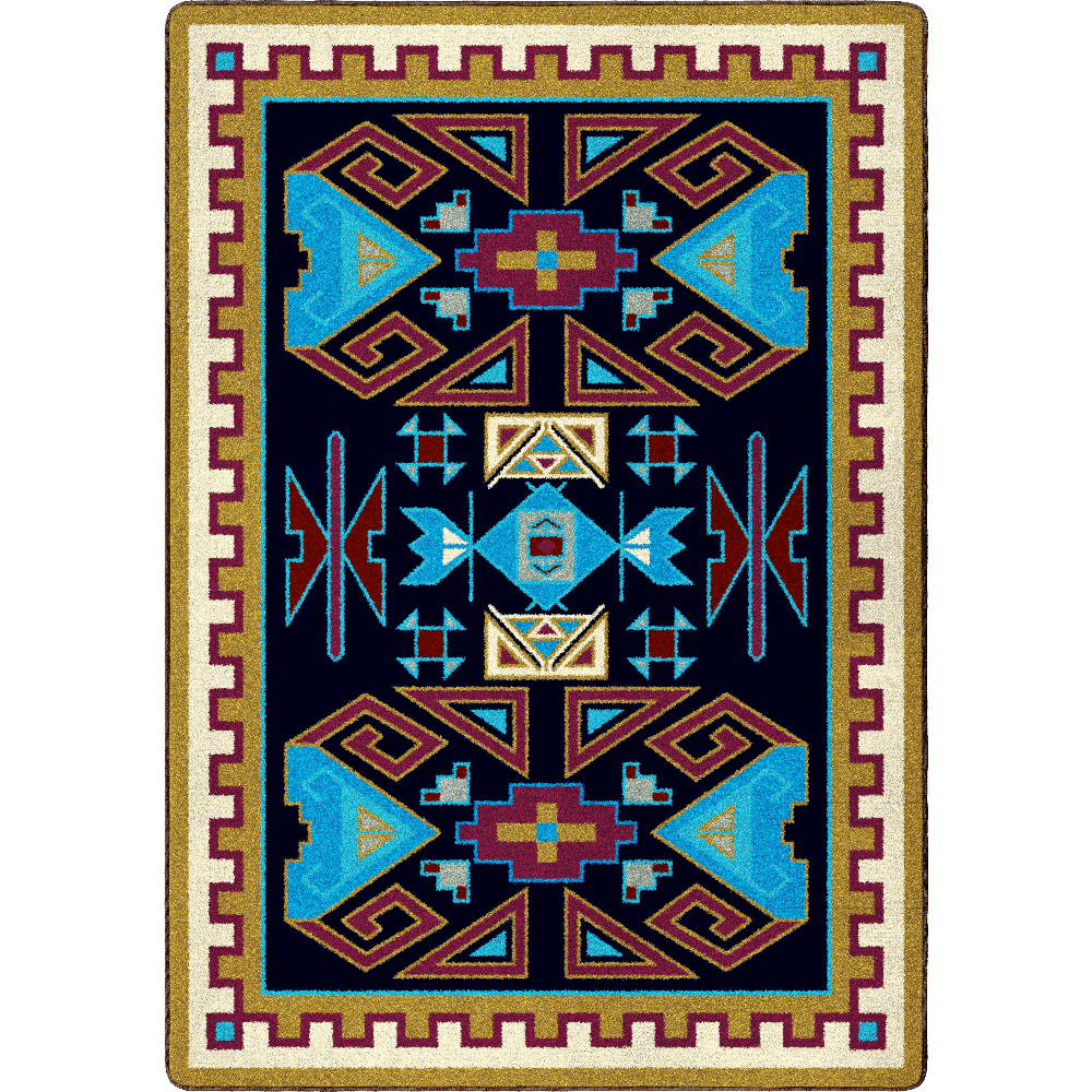 Geometric patterned rug with blue and red designs on a black background