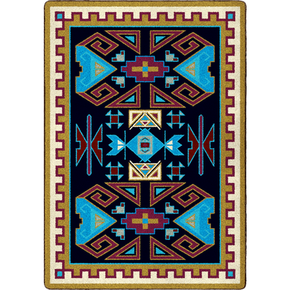 Geometric patterned rug with blue and red designs on a black background