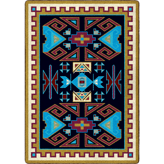 Geometric patterned rug with blue and red designs on a black background