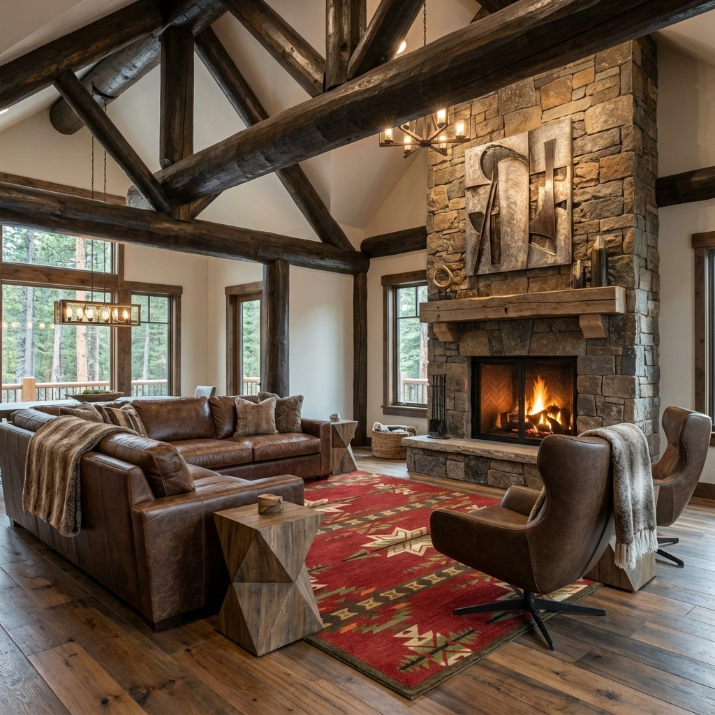 Cozy living room with stone fireplace, wooden beams, and brown furniture.