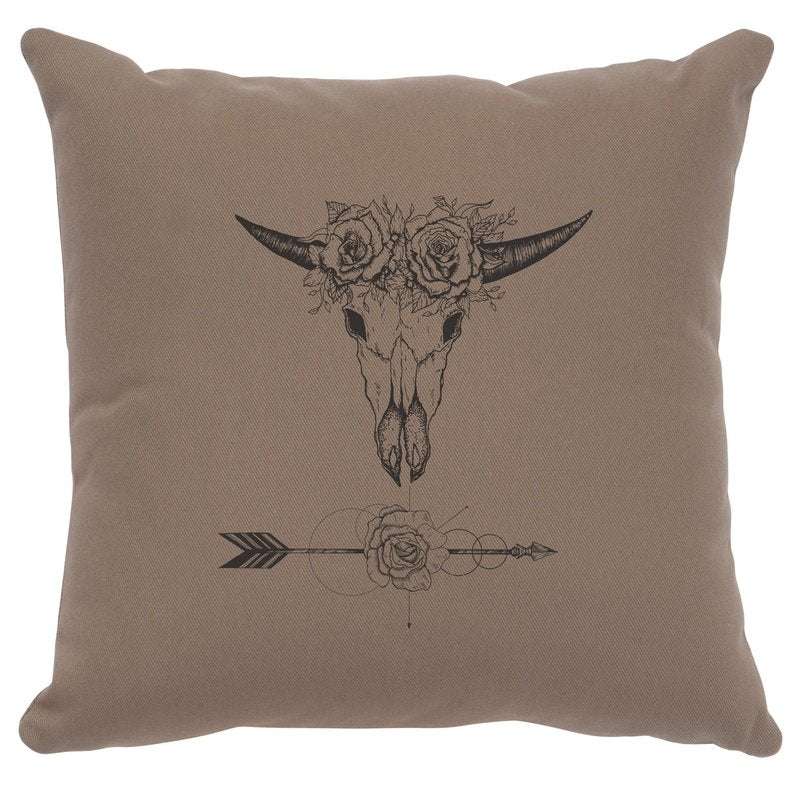 "Bull and Flowers" Image Pillow - Cotton Taupe