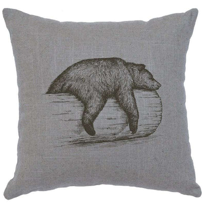 "Bear on a Log" Image Pillow - Linen Gray