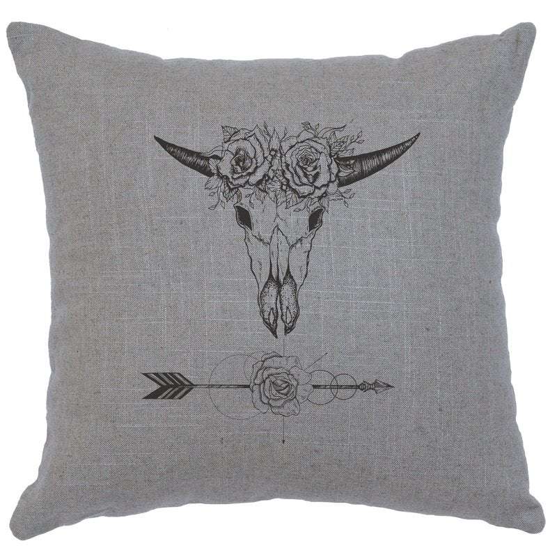 "Bull and Flowers" Image Pillow - Linen Gray