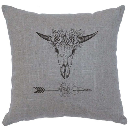 "Bull and Flowers" Image Pillow - Linen Gray