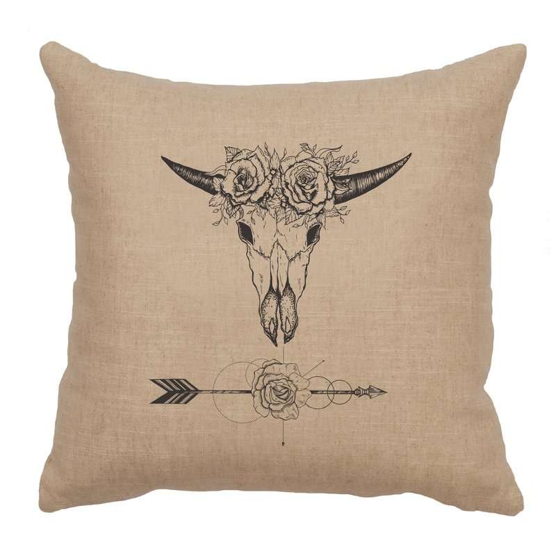 "Bull and Flowers" Image Pillow - Linen Natural