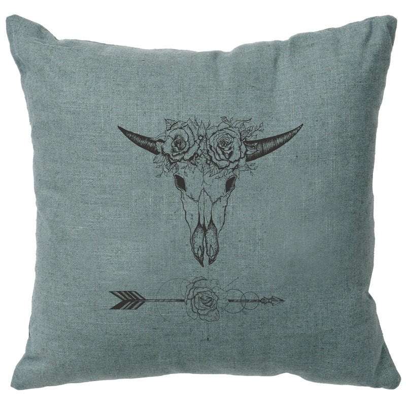 "Bull and Flowers" Image Pillow - Linen Ocean