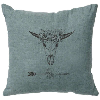 "Bull and Flowers" Image Pillow - Linen Ocean